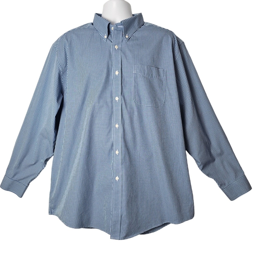 LL Bean Mens 17.5 35 Traditional Fit Blue Gingham Button Down Shirt 100% Cotton‎